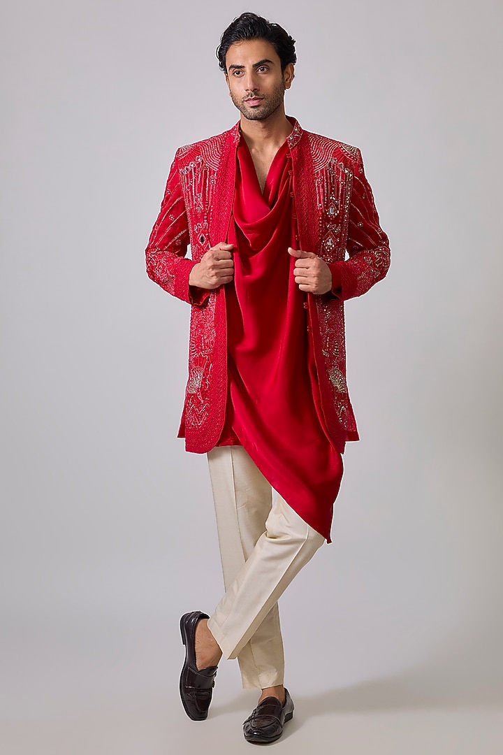 Red Organza & Silk Resham Embroidered Wedding Indowestern Set by Sharad raghav men at Pernia's Pop Up Shop