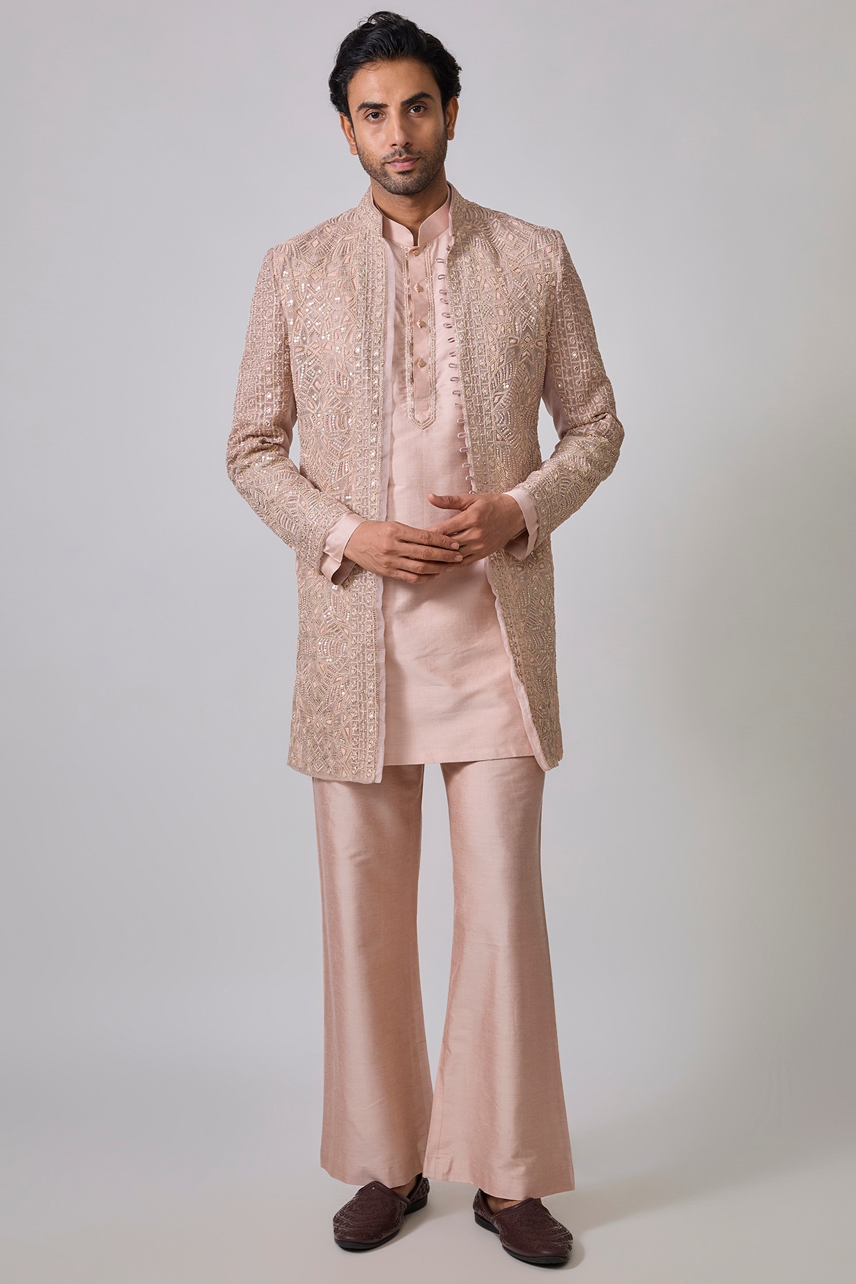 Sharad raghav Pinkish Peach Organza & Silk Resham Embroidered Indowestern Set