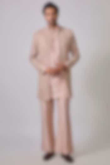  Pinkish Peach Organza & Silk Resham Embroidered Wedding Indowestern Set by Sharad raghav men at Pernia's Pop Up Shop