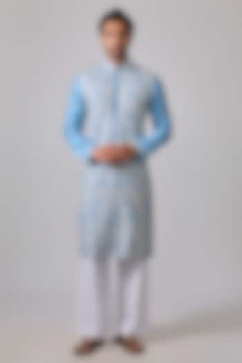  Powder Blue Silk Resham Embroidered Kurta Set by Sharad raghav men at Pernia's Pop Up Shop