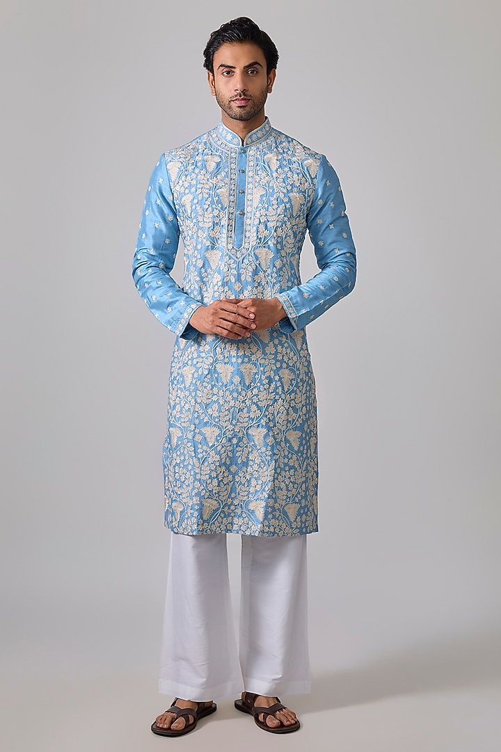  Powder Blue Silk Resham Embroidered Kurta Set by Sharad raghav men at Pernia's Pop Up Shop