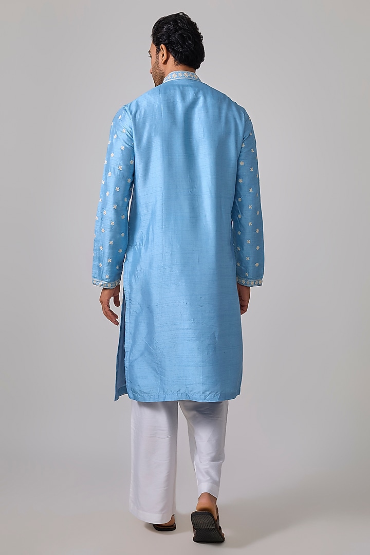 Powder Blue Silk Resham Embroidered Kurta Set by Sharad raghav men at Pernia's Pop Up Shop