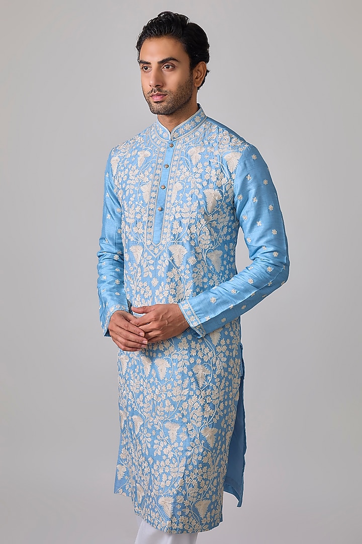 Powder Blue Silk Resham Embroidered Kurta Set by Sharad raghav men at Pernia's Pop Up Shop