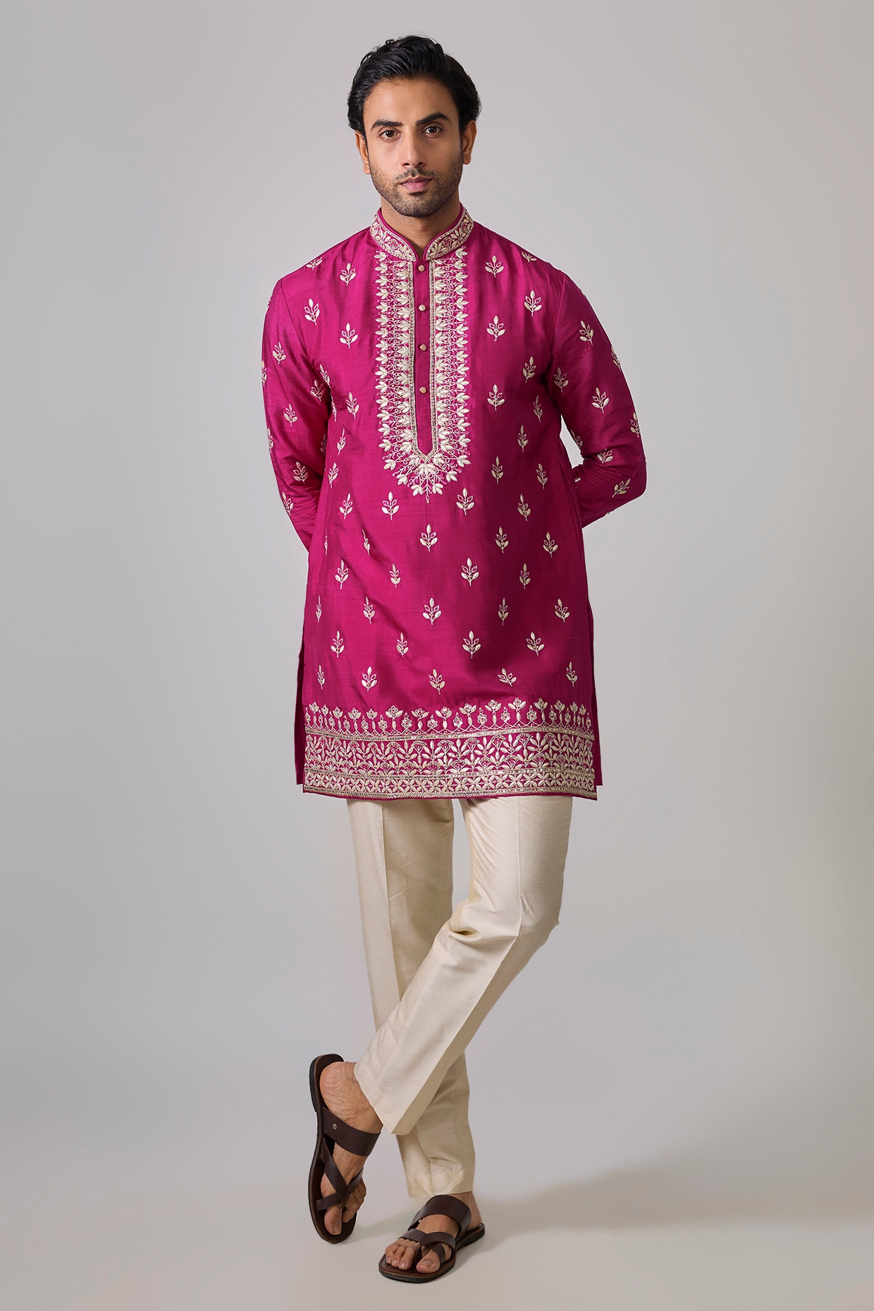 Sharad raghav Fuchsia Pink Silk Zardosi Embroidered Short Kurta Set