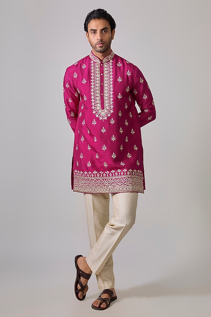  Fuchsia Pink Silk Zardosi Embroidered Short Kurta Set by Sharad raghav men at Pernia's Pop Up Shop