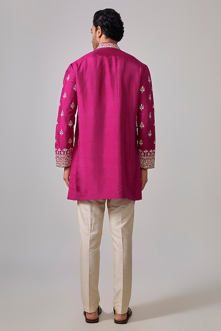 Fuchsia Pink Silk Zardosi Embroidered Short Kurta Set by Sharad raghav men at Pernia's Pop Up Shop