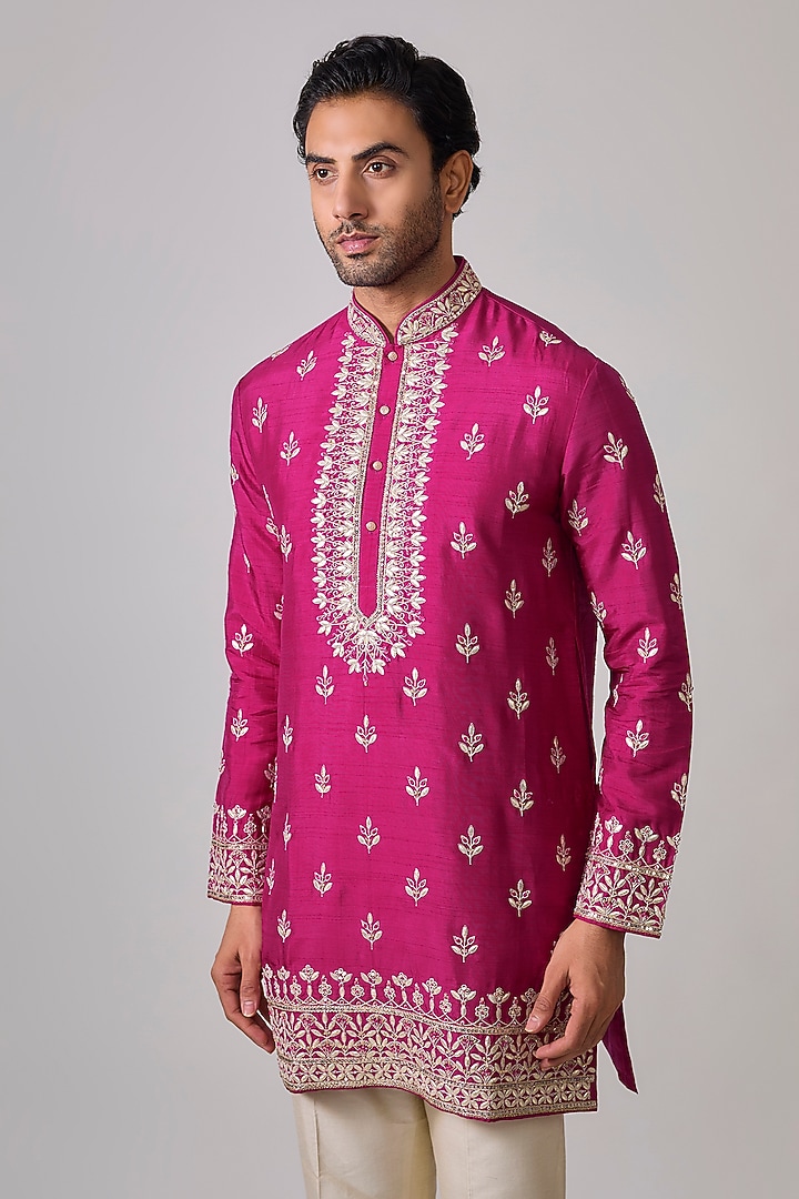 Fuchsia Pink Silk Zardosi Embroidered Short Kurta Set by Sharad raghav men at Pernia's Pop Up Shop