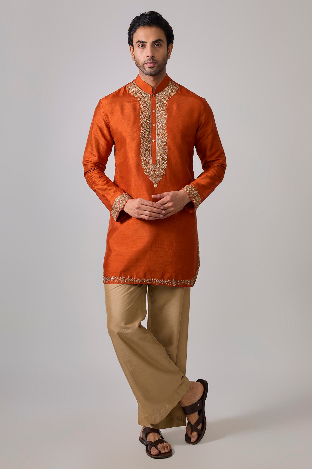 Sharad raghav Rustic Orange Silk Zardosi Embroidered Short Kurta Set