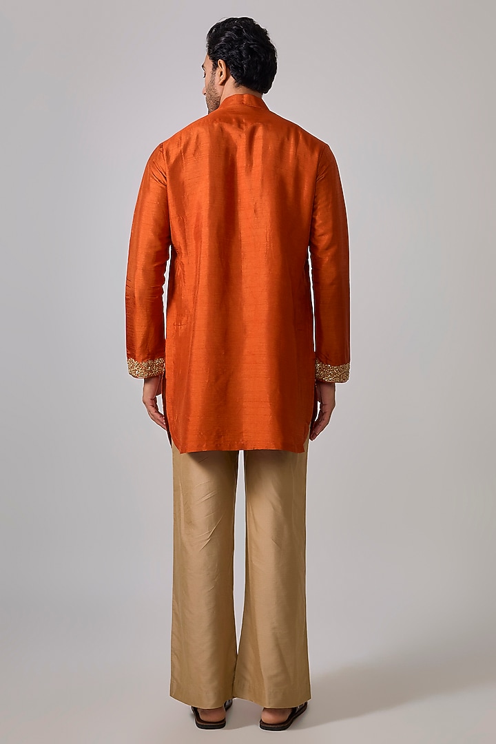 Rustic Orange Silk Zardosi Embroidered Short Kurta Set by Sharad raghav men at Pernia's Pop Up Shop