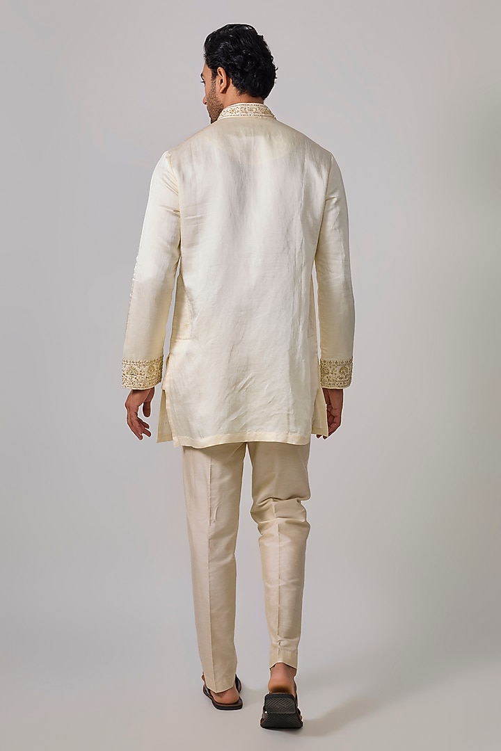 Ivory Silk Zardosi Embroidered Short Kurta Set by Sharad raghav men at Pernia's Pop Up Shop