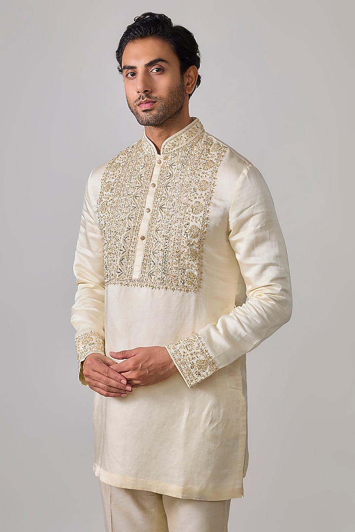 Ivory Silk Zardosi Embroidered Short Kurta Set by Sharad raghav men at Pernia's Pop Up Shop