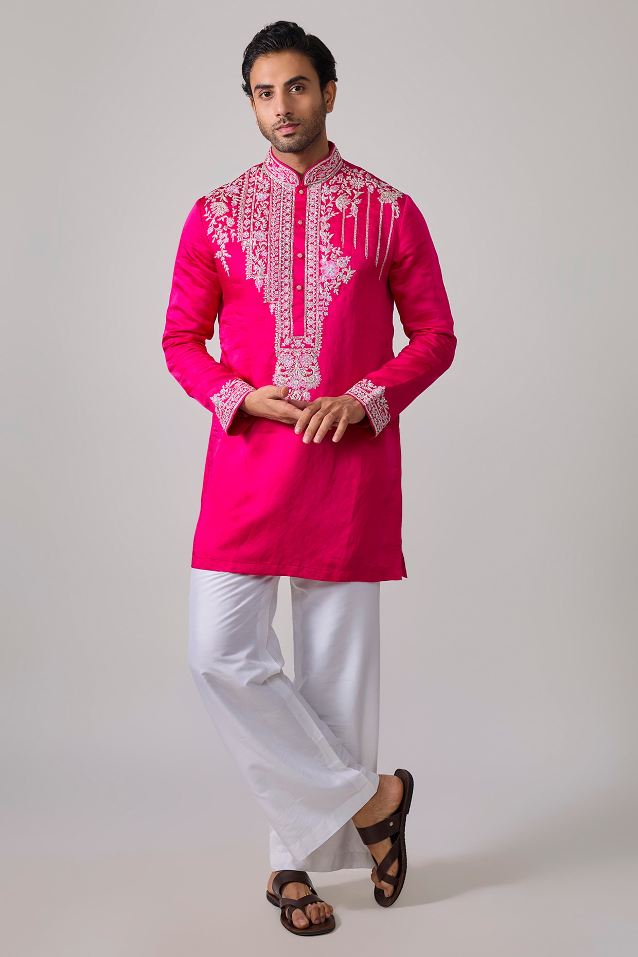 Sharad raghav Fuchsia Pink Silk Zardosi Embroidered Short Kurta Set