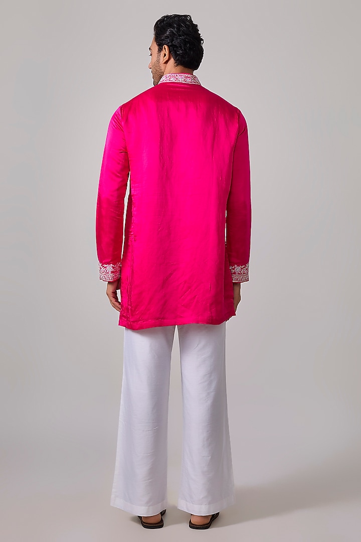 Fuchsia Pink Silk Zardosi Embroidered Short Kurta Set by Sharad raghav men at Pernia's Pop Up Shop