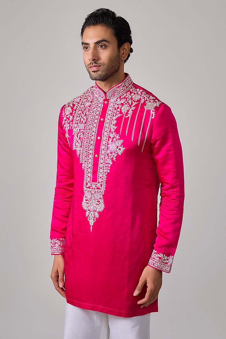 Fuchsia Pink Silk Zardosi Embroidered Short Kurta Set by Sharad raghav men at Pernia's Pop Up Shop