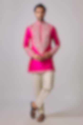 Fuchsia Pink Silk Zardosi Embroidered Short Kurta Set by Sharad raghav men at Pernia's Pop Up Shop