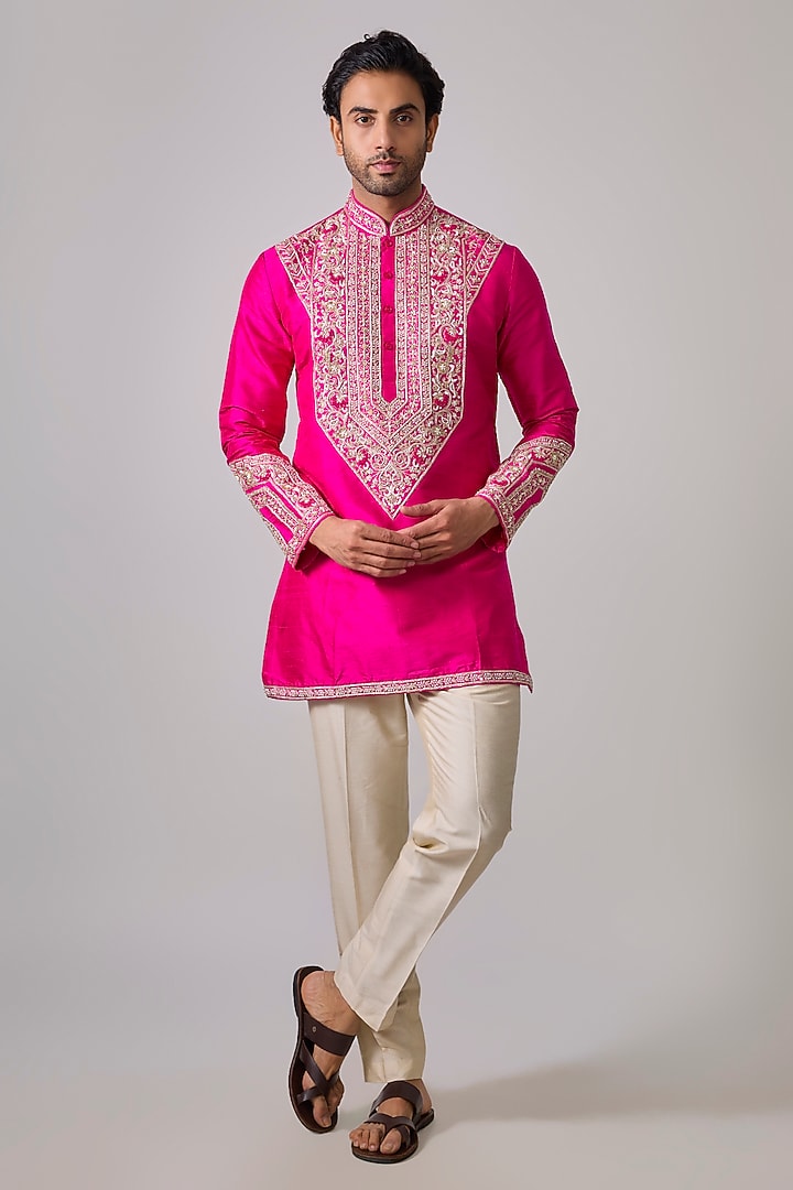 Fuchsia Pink Silk Zardosi Embroidered Short Kurta Set by Sharad raghav men at Pernia's Pop Up Shop
