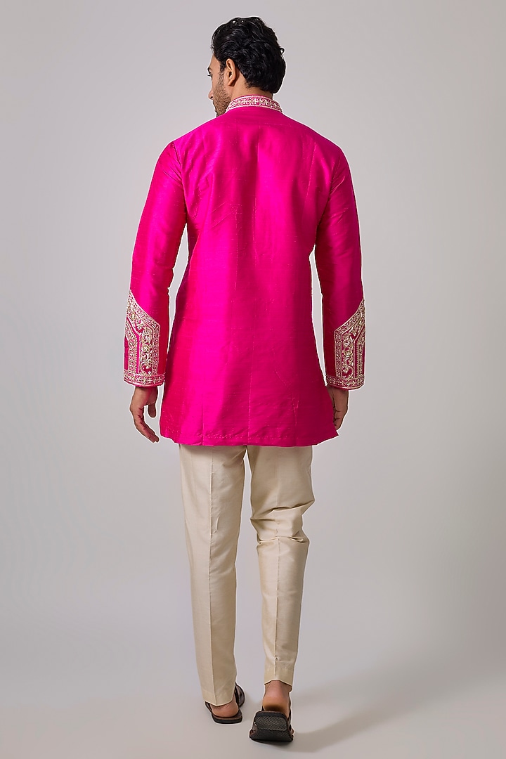 Fuchsia Pink Silk Zardosi Embroidered Short Kurta Set by Sharad raghav men at Pernia's Pop Up Shop