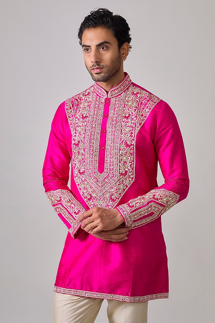 Fuchsia Pink Silk Zardosi Embroidered Short Kurta Set by Sharad raghav men at Pernia's Pop Up Shop