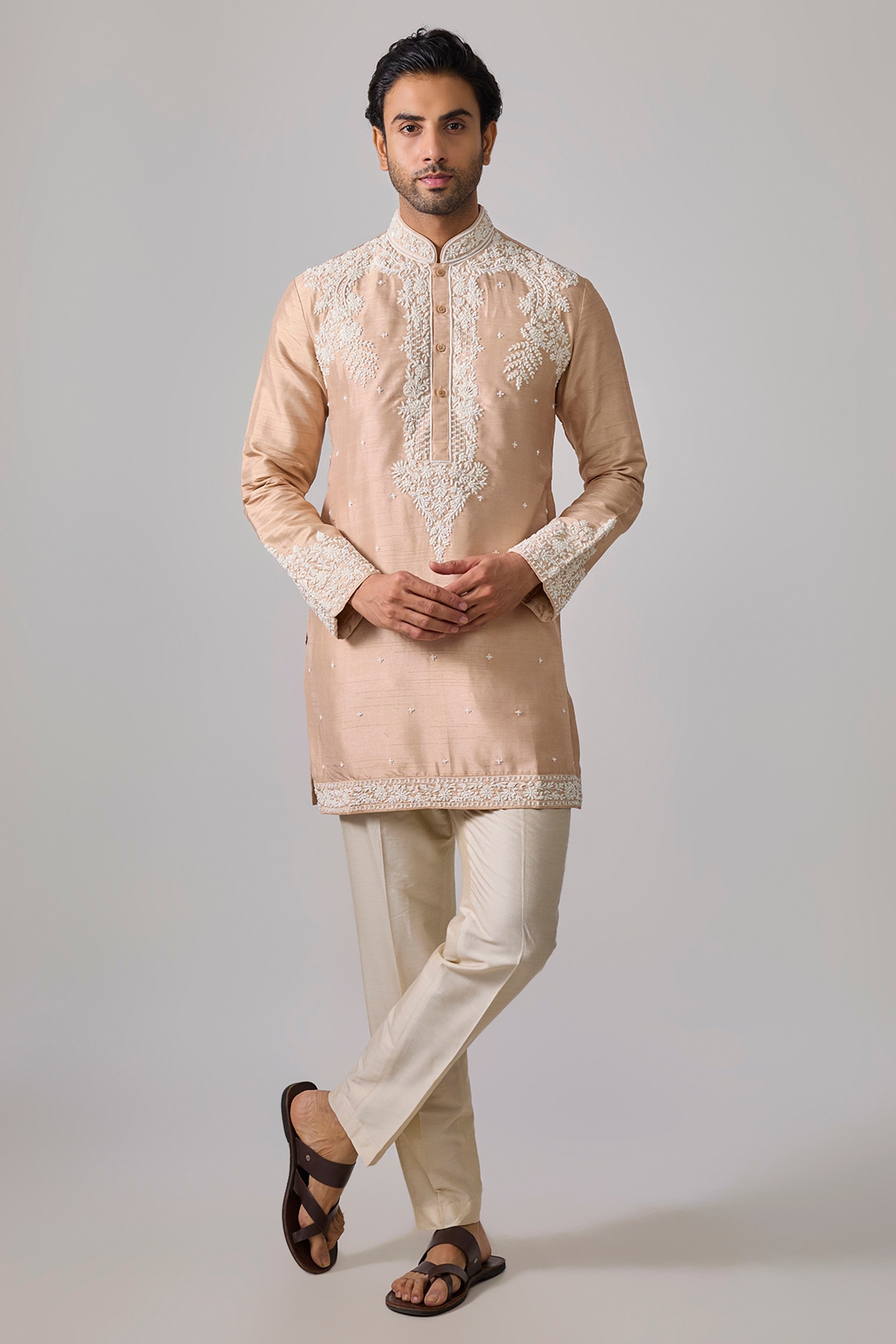 Sharad raghav Pastel Peach Silk Zardosi Embroidered Kurta Set
