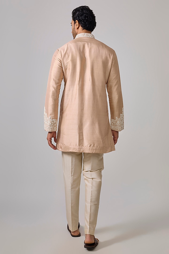 Pastel Peach Silk Zardosi Embroidered Kurta Set by Sharad raghav men at Pernia's Pop Up Shop