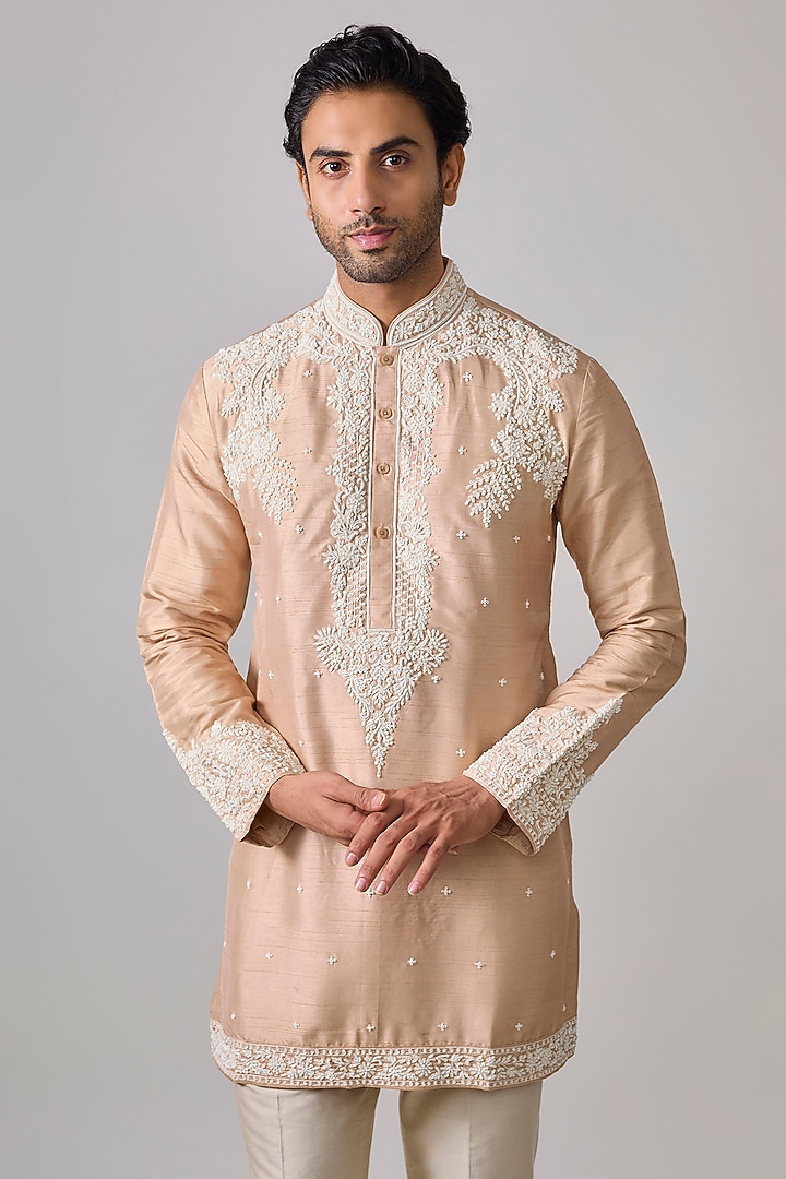 Pastel Peach Silk Zardosi Embroidered Kurta Set by Sharad raghav men at Pernia's Pop Up Shop