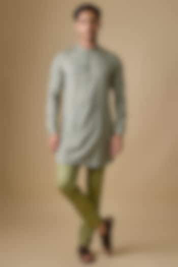 Pistachio Green Linen Silk Kurta Set by sharad raghav men