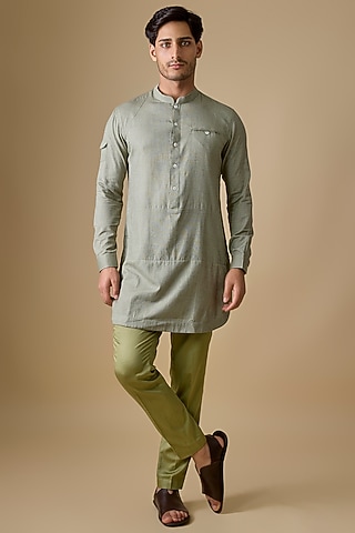 Pistachio Green Linen Silk Kurta Set by Sharad Raghav men