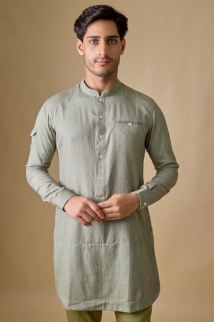 Pistachio Green Linen Silk Kurta Set by Sharad Raghav men at Pernia's Pop Up Shop