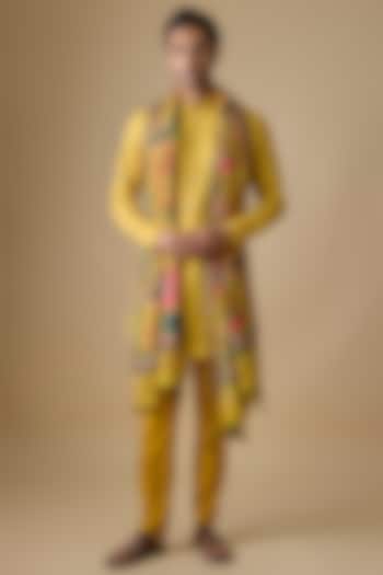 Yellow Linen Silk Kurta Set by sharad raghav men