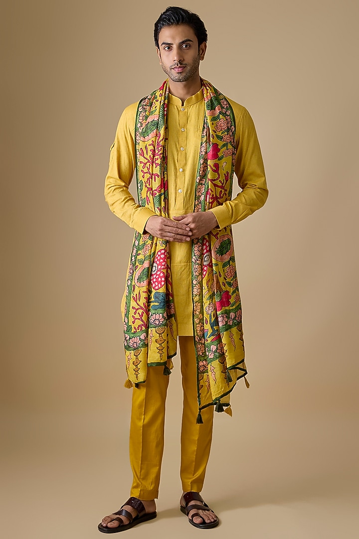Yellow Linen Silk Kurta Set by sharad raghav men