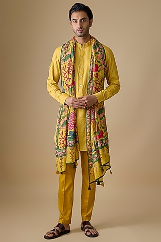 Yellow Linen Silk Kurta Set by Sharad Raghav men