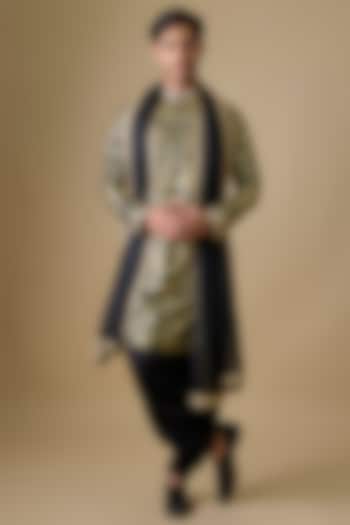 Black Silk Foil Printed Kurta Set by sharad raghav men