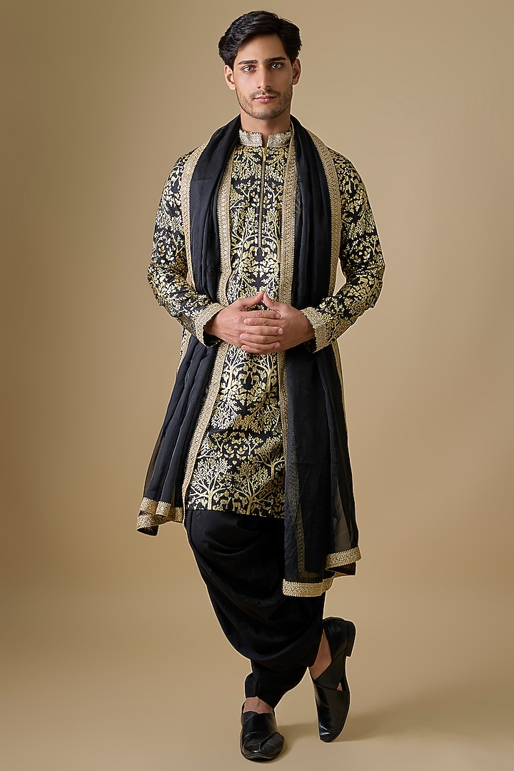 Black Silk Foil Printed Kurta Set by sharad raghav men