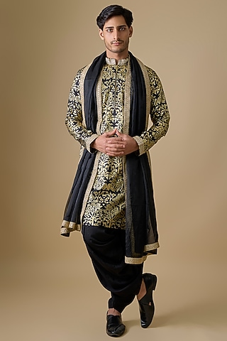 Black Silk Foil Printed Kurta Set by Sharad Raghav men