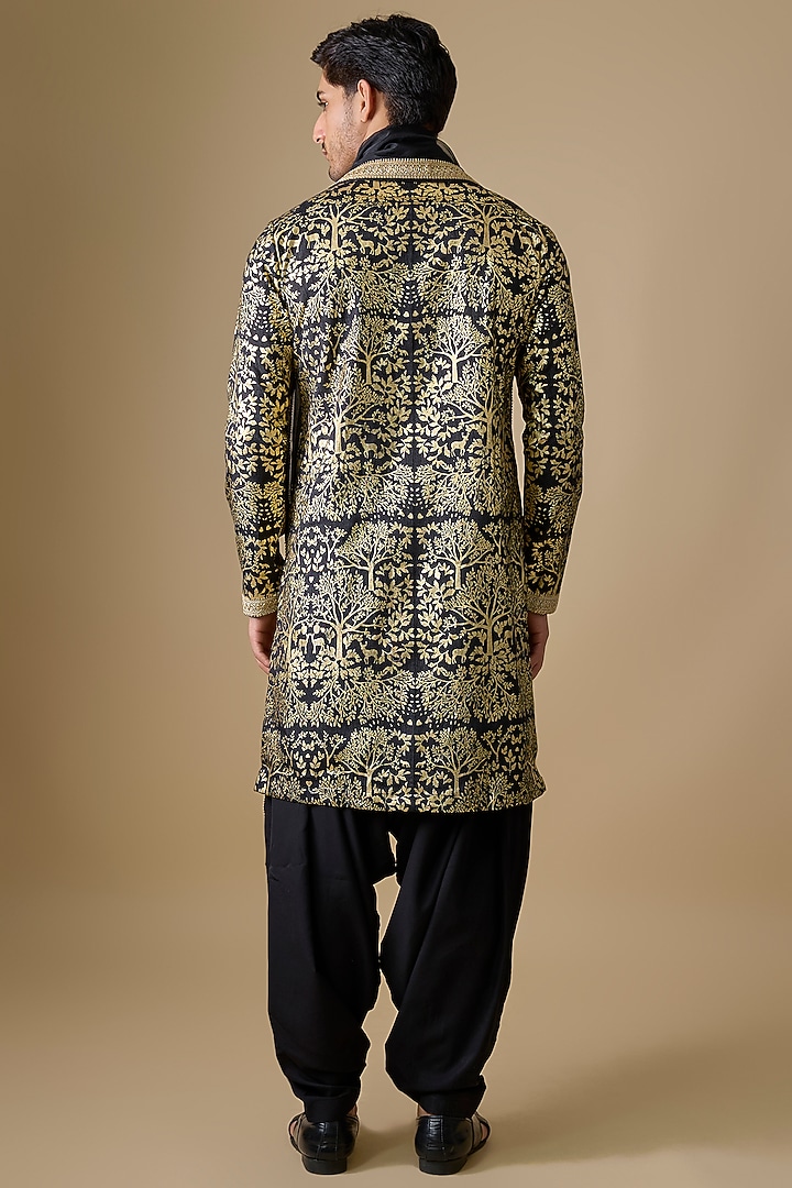 Black Silk Foil Printed Kurta Set by Sharad Raghav men at Pernia's Pop Up Shop