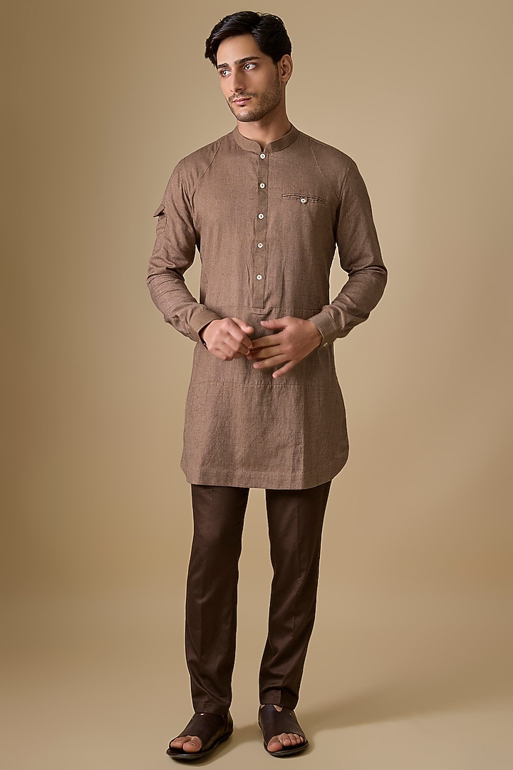 Brown Linen Silk Kurta Set by sharad raghav men