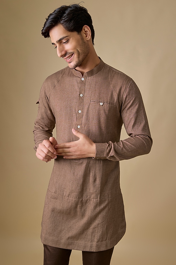 Brown Linen Silk Kurta Set by Sharad Raghav men at Pernia's Pop Up Shop