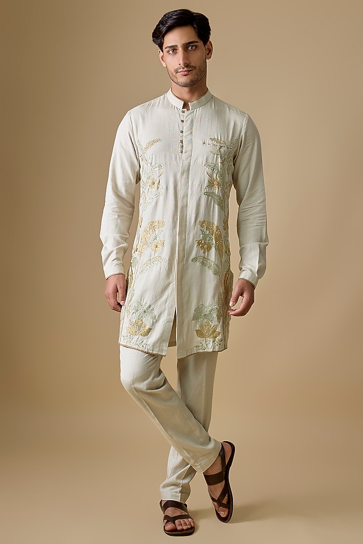 Pistachio Green Rayon Silk Embroidered Kurta Set by sharad raghav men