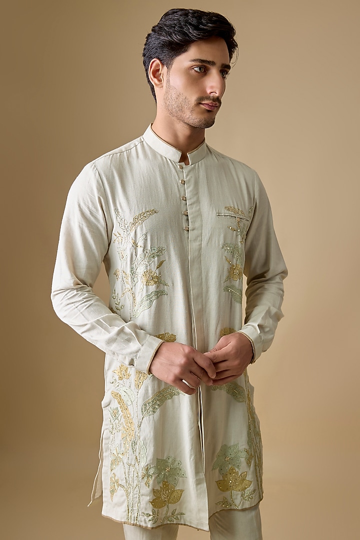 Pistachio Green Rayon Silk Embroidered Kurta Set by Sharad Raghav men at Pernia's Pop Up Shop