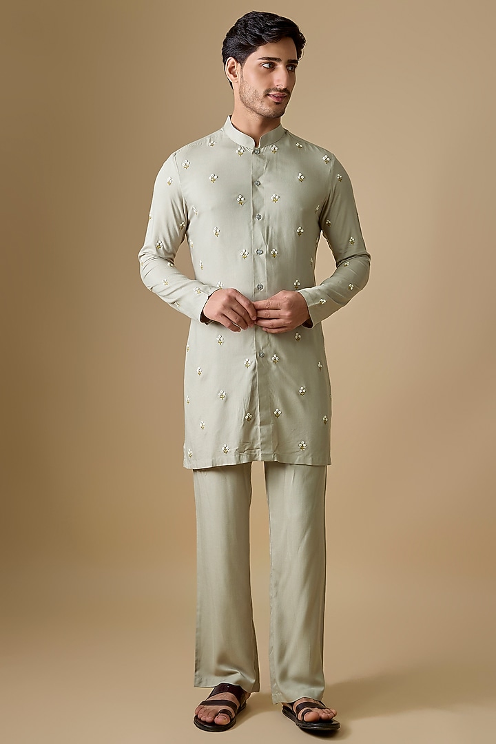 Pistachio Green Rayon Silk Floral Embroidered Kurta Set by sharad raghav men