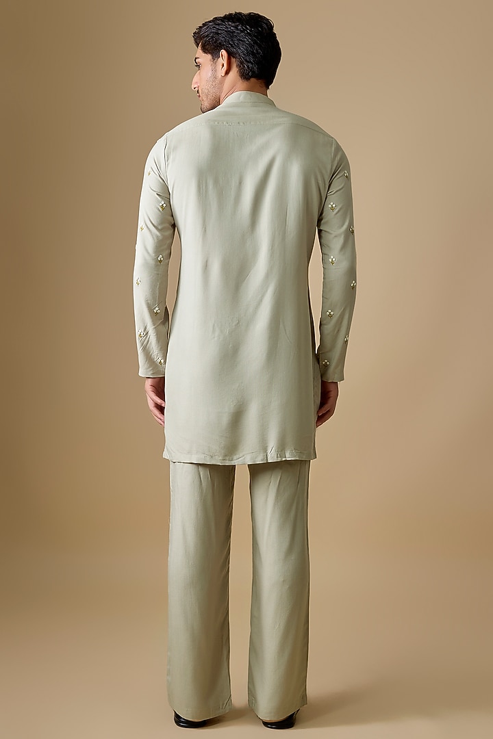 Pistachio Green Rayon Silk Floral Embroidered Kurta Set by Sharad Raghav men at Pernia's Pop Up Shop