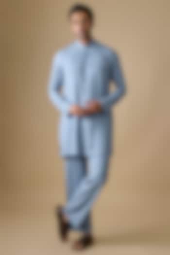 Powder Blue Rayon Silk Resham Embroidered Kurta Set by sharad raghav men