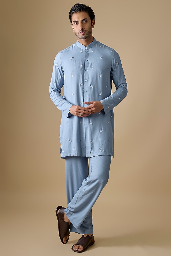 Powder Blue Rayon Silk Resham Embroidered Kurta Set by sharad raghav men