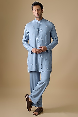 Powder Blue Rayon Silk Resham Embroidered Kurta Set by Sharad Raghav men
