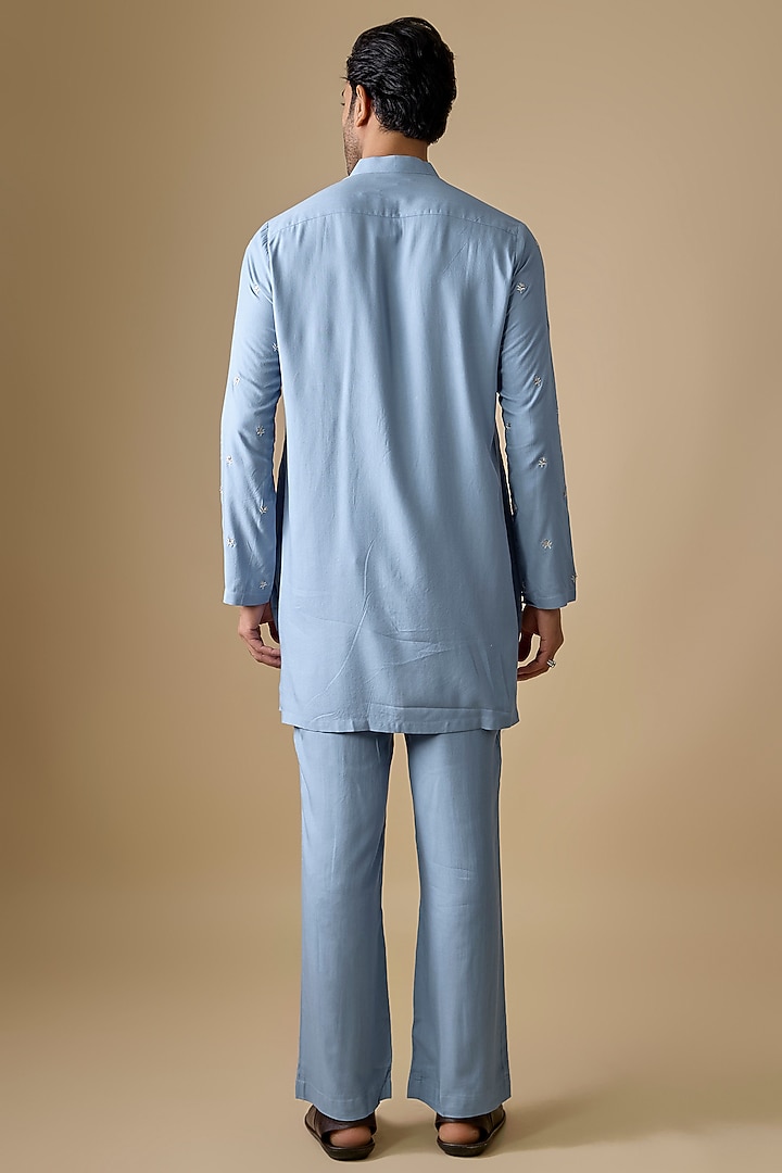 Powder Blue Rayon Silk Resham Embroidered Kurta Set by Sharad Raghav men at Pernia's Pop Up Shop