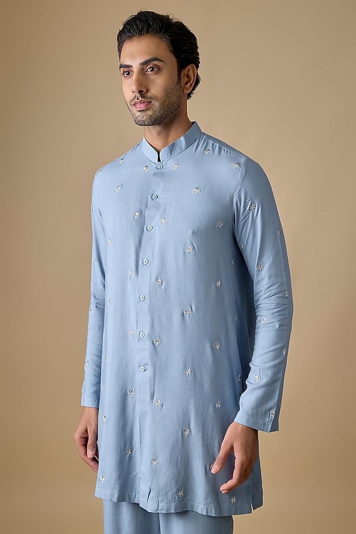 Powder Blue Rayon Silk Resham Embroidered Kurta Set by Sharad Raghav men at Pernia's Pop Up Shop