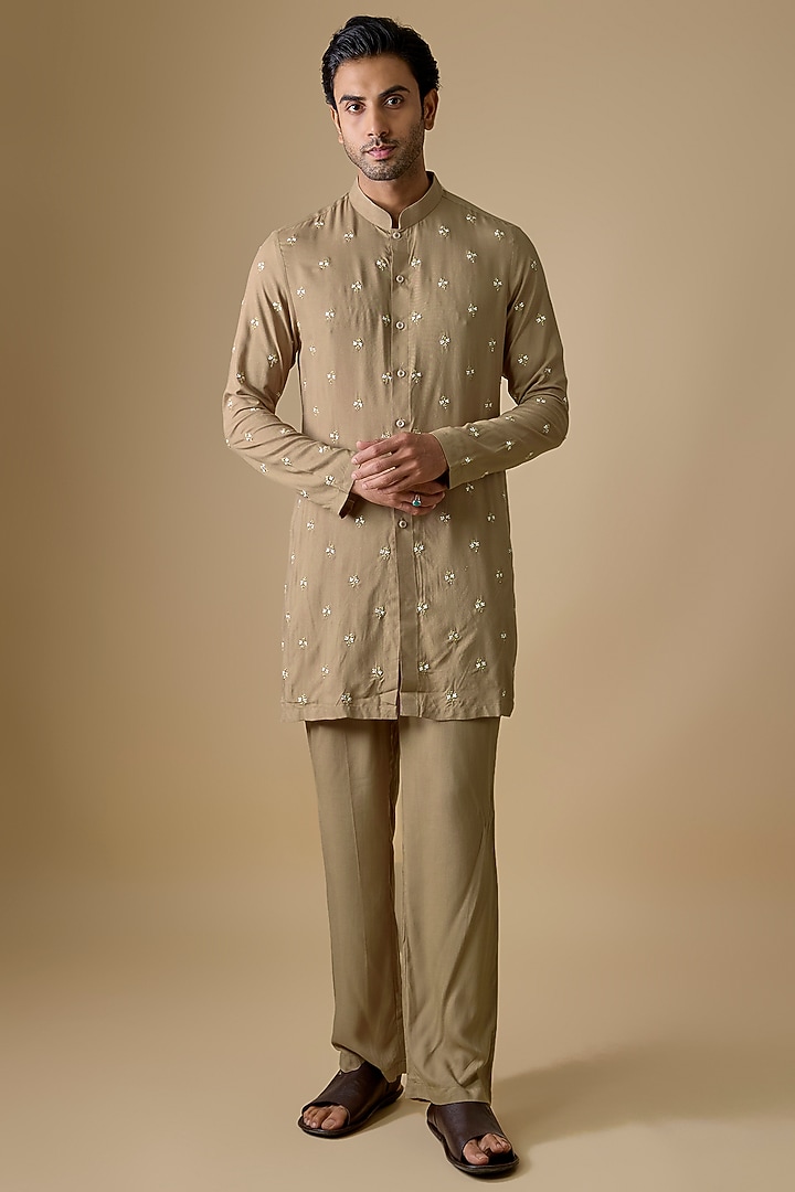 Beige Rayon Silk Resham Embroidered Kurta Set by sharad raghav men