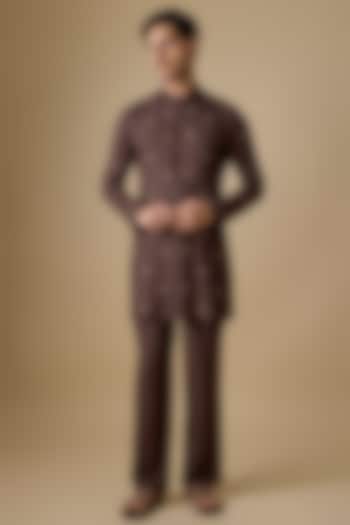 Brown Rayon Silk Resham Embroidered Kurta Set by sharad raghav men