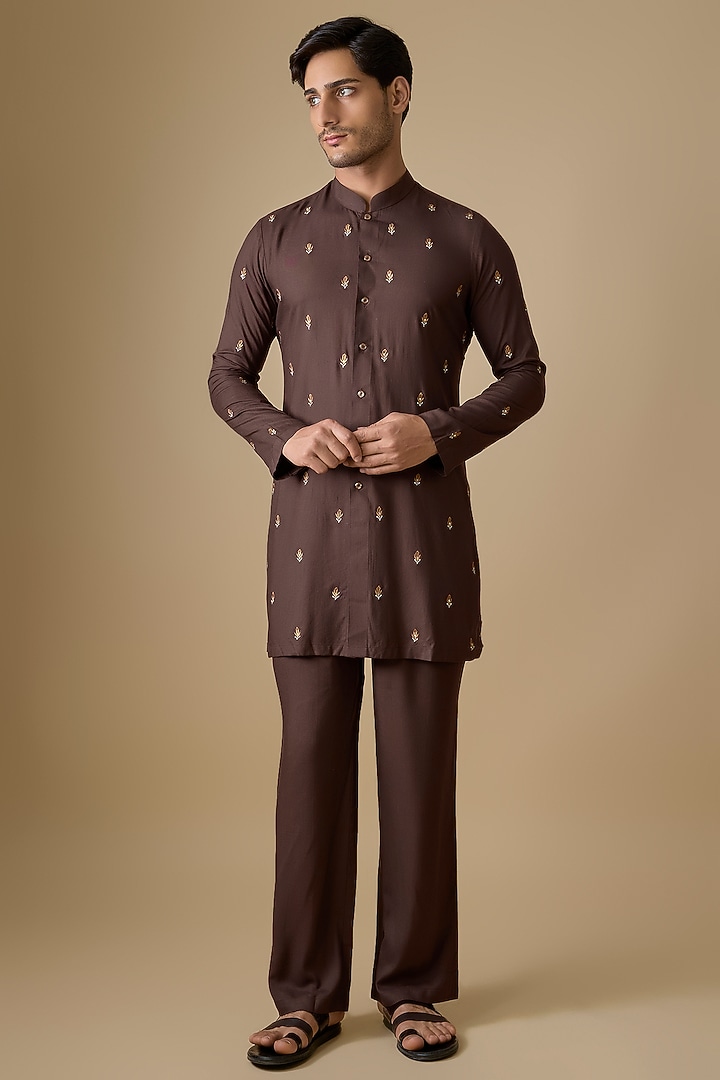 Brown Rayon Silk Resham Embroidered Kurta Set by sharad raghav men
