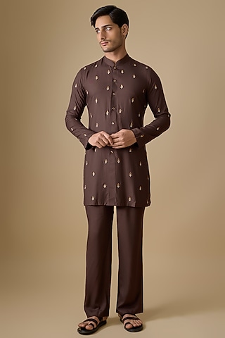 Brown Rayon Silk Resham Embroidered Kurta Set by Sharad Raghav men